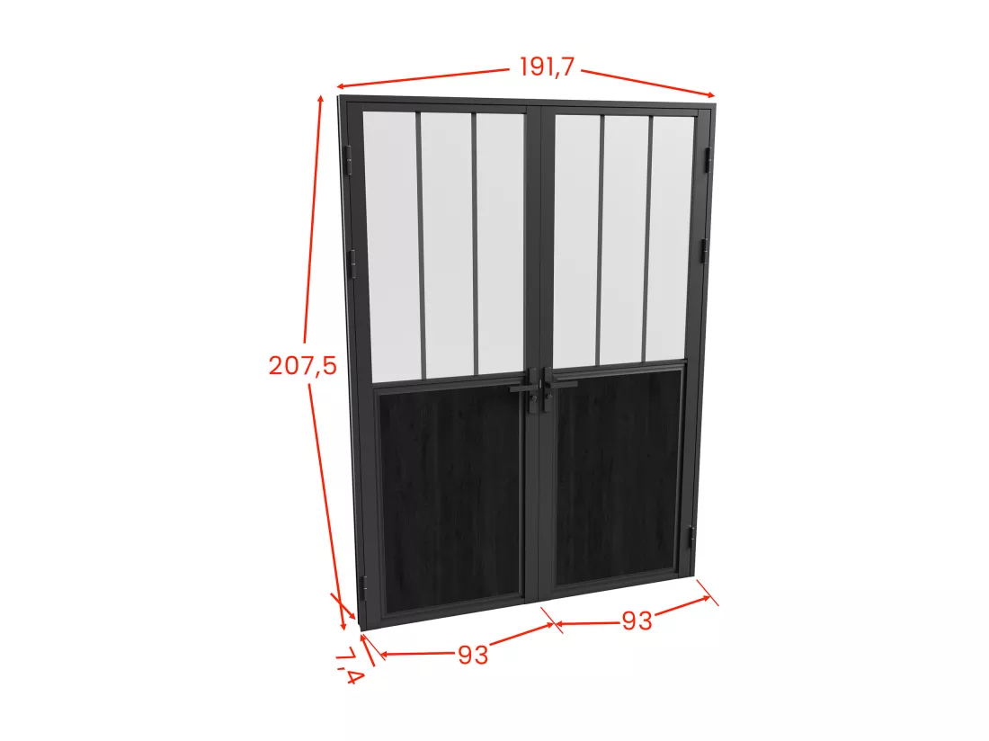 Bloc porte réversible à deux battants en aluminium et verre trempé dépoli style atelier - 2 x H204 x L93 cm - Noir - ERMELO