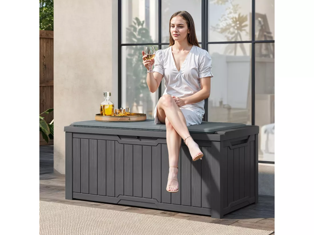 YITAHOME Boîte de Rangement Extérieure avec Coussin - Coffre de jardin - 142 x 67.5 x 60 cm - Verrouillable - Gris