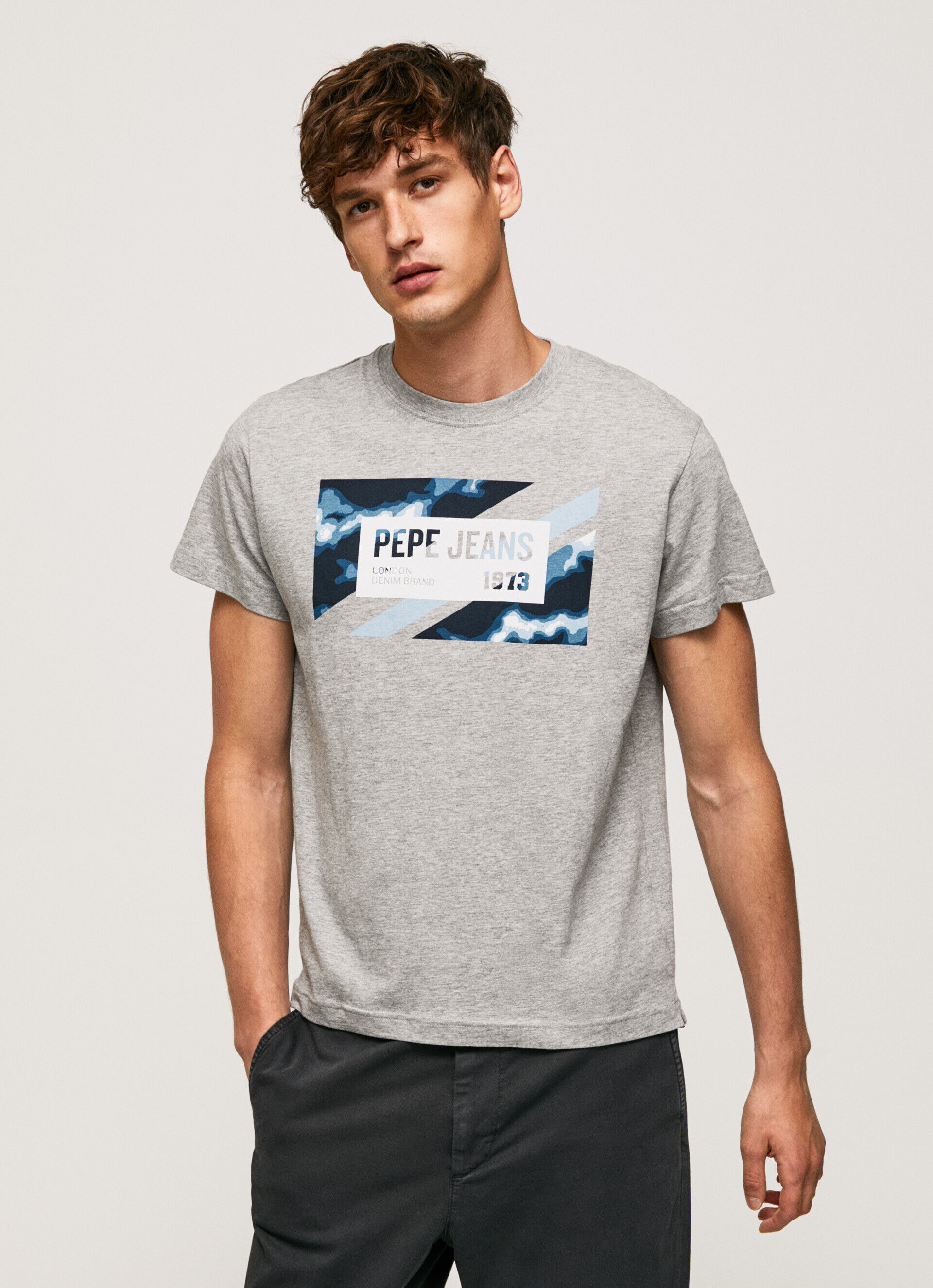 Camiseta de algodão com estampa de bandeira - cinza mescla