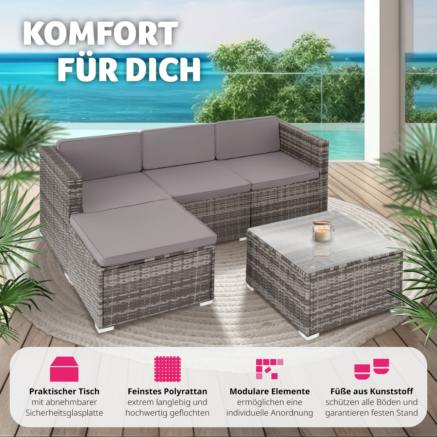 tectake® Rattan Lounge, für 3 bis 4 Personen, UV-beständig, variabel aufstellbar