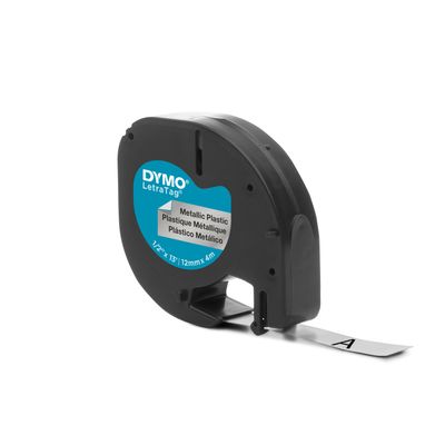 Dymo LetraTAG - Ruban d'étiquettes métallisé auto-adhésives - 1 rouleau (12 mm x 4 m) - fond argent écriture noire
