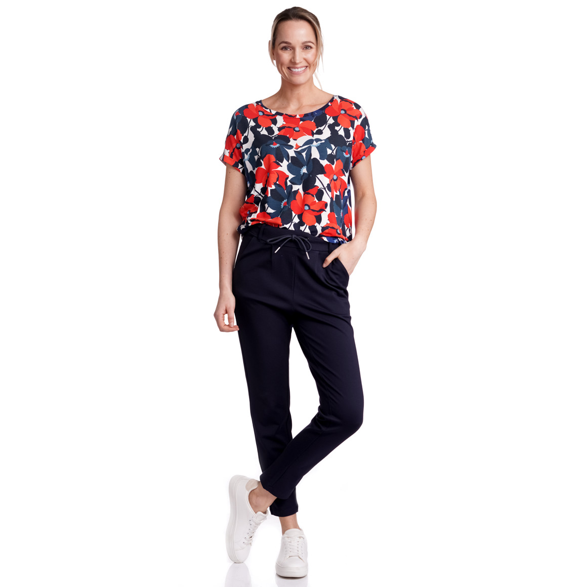 Gina Benotti Damen T-Shirt mit floralem Muster weiss / rot / dunkelblau