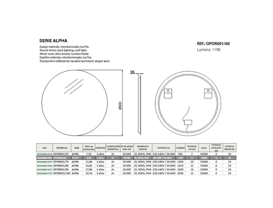 CRISTALED - Miroir de salle de bains lumineux éclairage intégré led rétr...