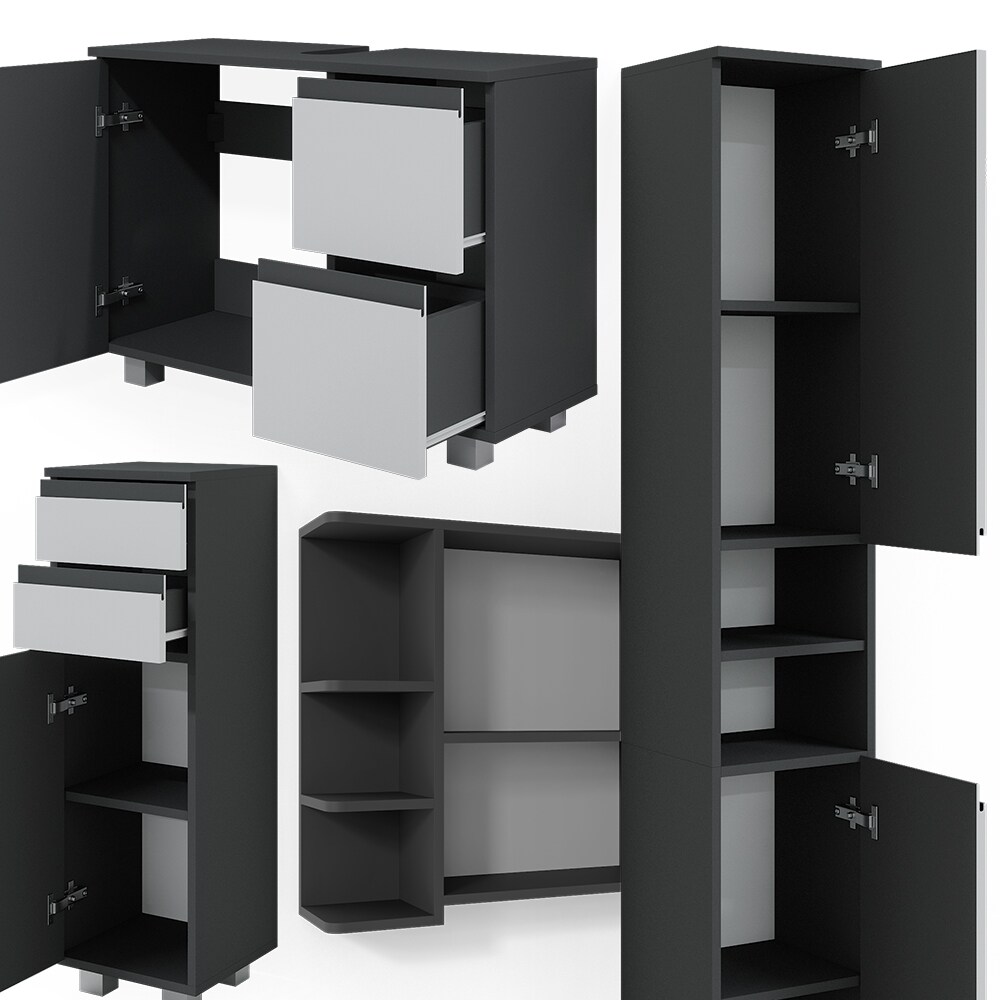 Vicco Badmöbelset J-shape Anthrazit Weiß modern Badezimmer Schrank Badschrank Waschtischunterschrank Spiegelschrank Midischrank Hochschrank Schranktür Schrankschublade Schrankfach Ablage Aufbewahrung