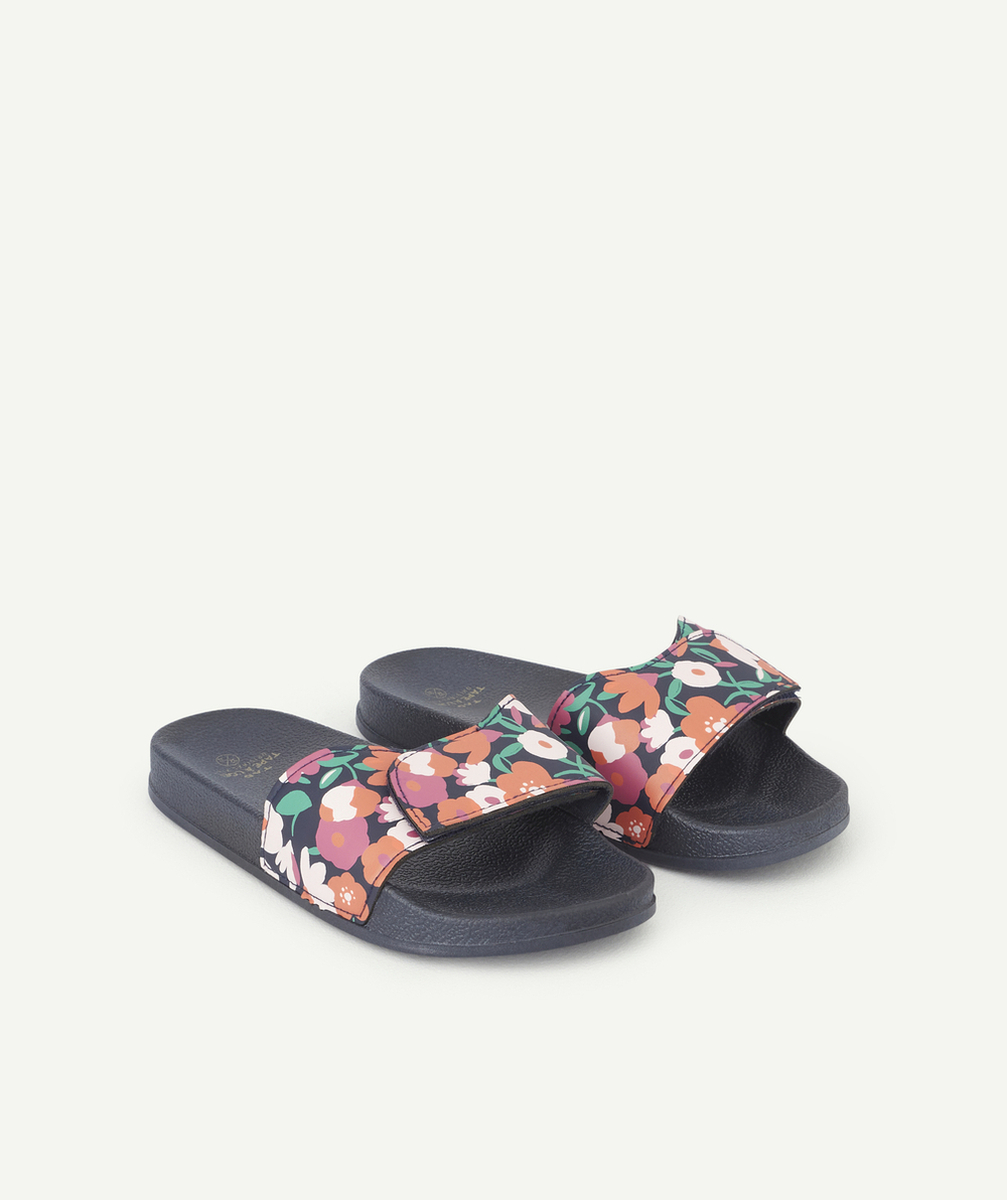 CLAQUETTES BLEU MARINE À BANDES FLEURIES COLORÉES FILLE