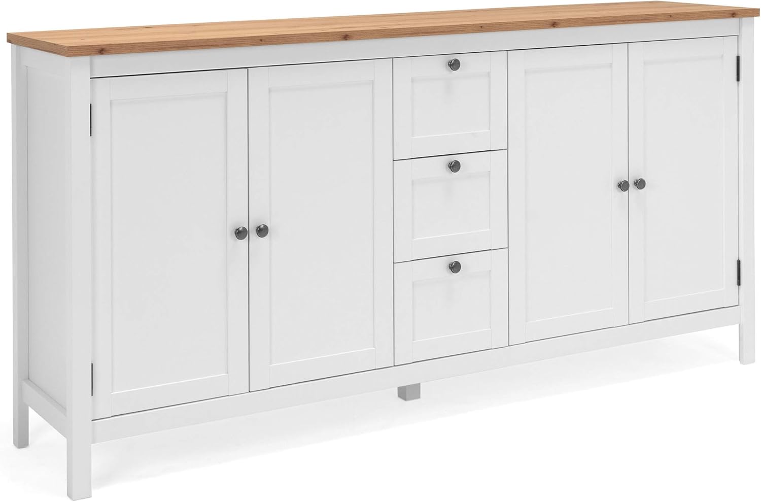 Newfurn Kommode Weiß Wildeiche Sideboard Vintage Landhaus - 180x90x40 cm (BxHxT) - Highboard Anrichte - [Eireen.Three] Wohnzimmer Schlafzimmer Flur Esszimmer