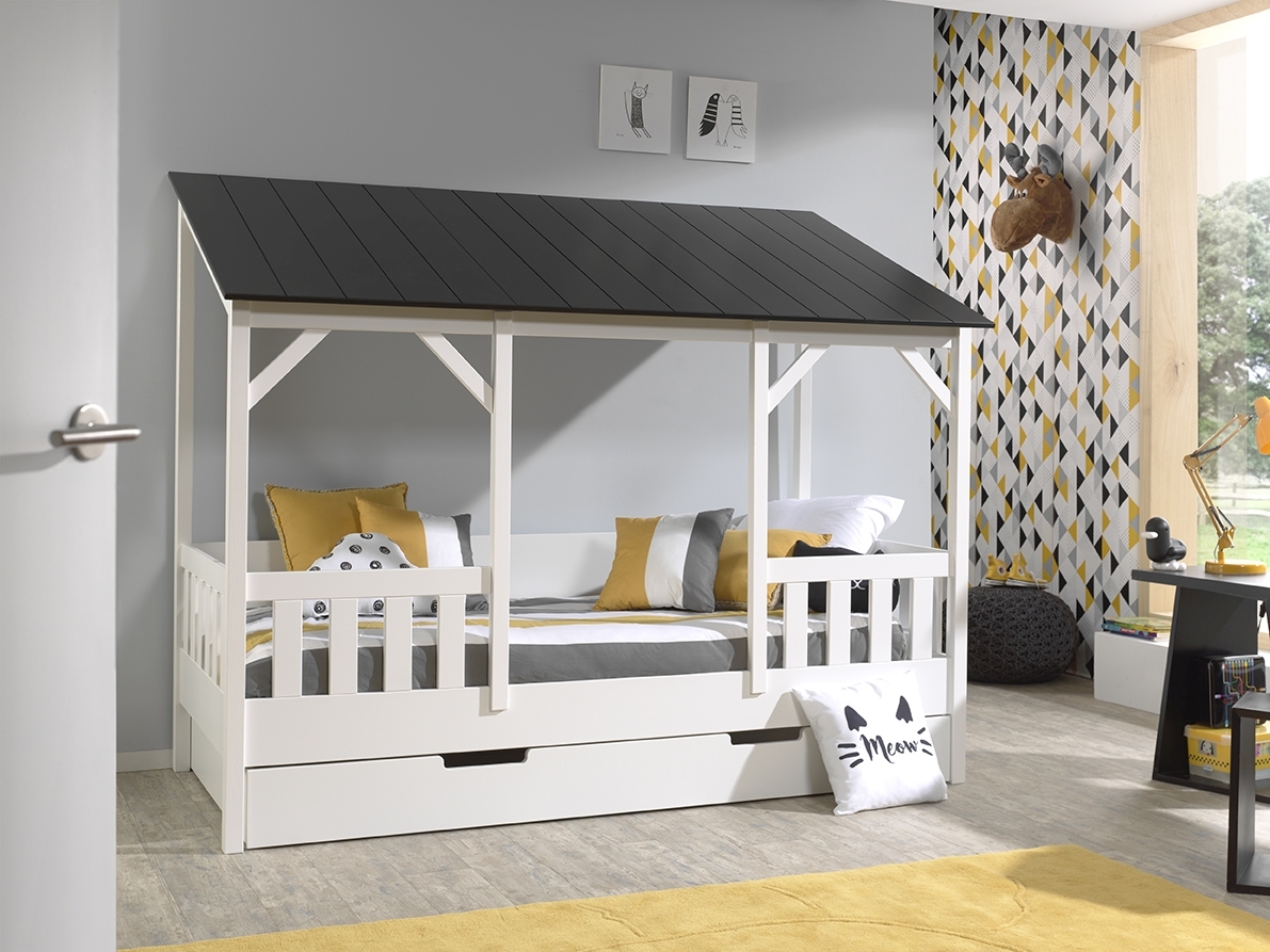 Hausbett - schwarz-weiß - Bettschublade - Dach in Schwarz - 90x200 cm