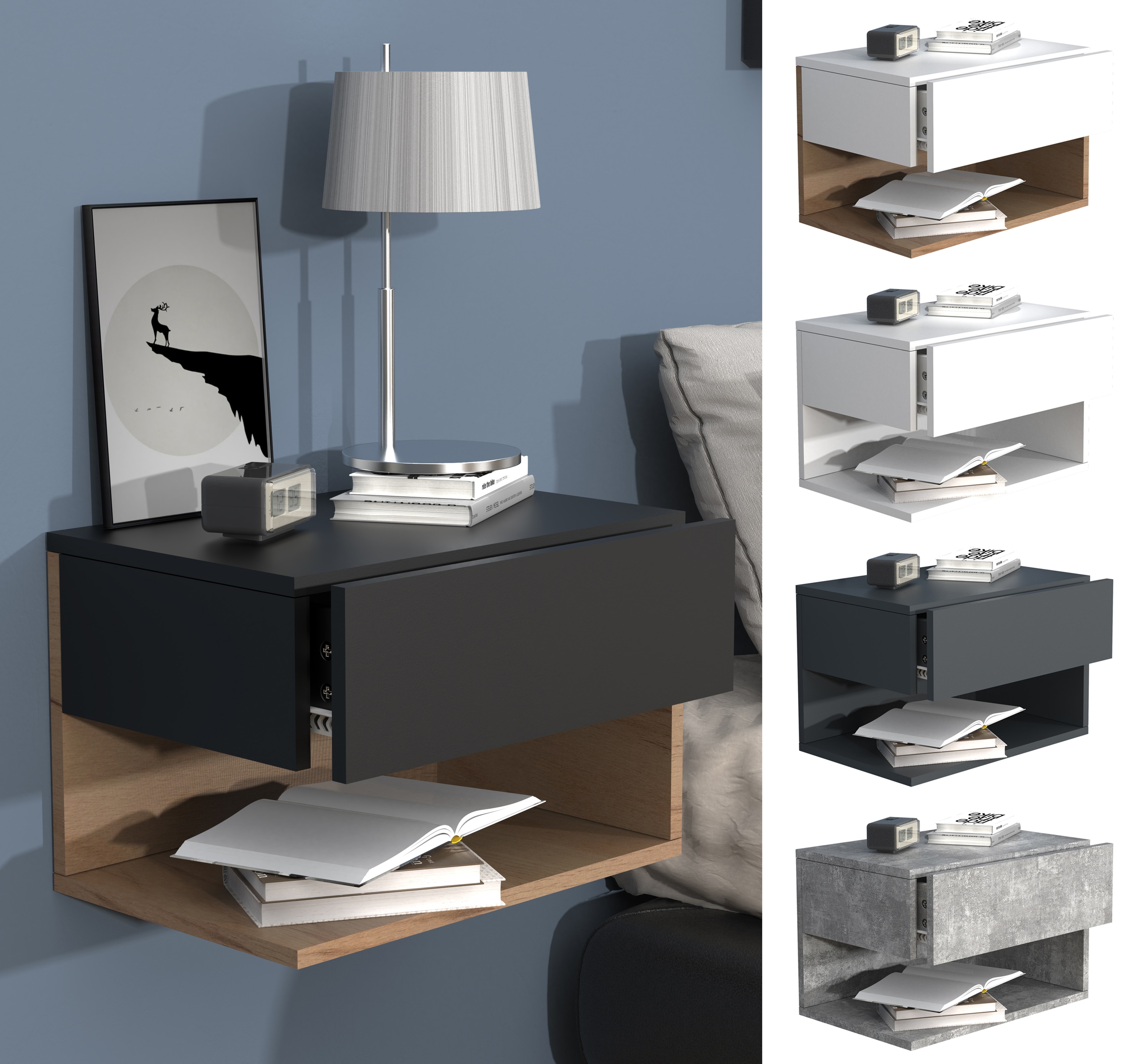 VCM Holz Wandschublade Nachtschrank Wandboard Schublade Konsole Nachttisch Usal XL 45 cm
