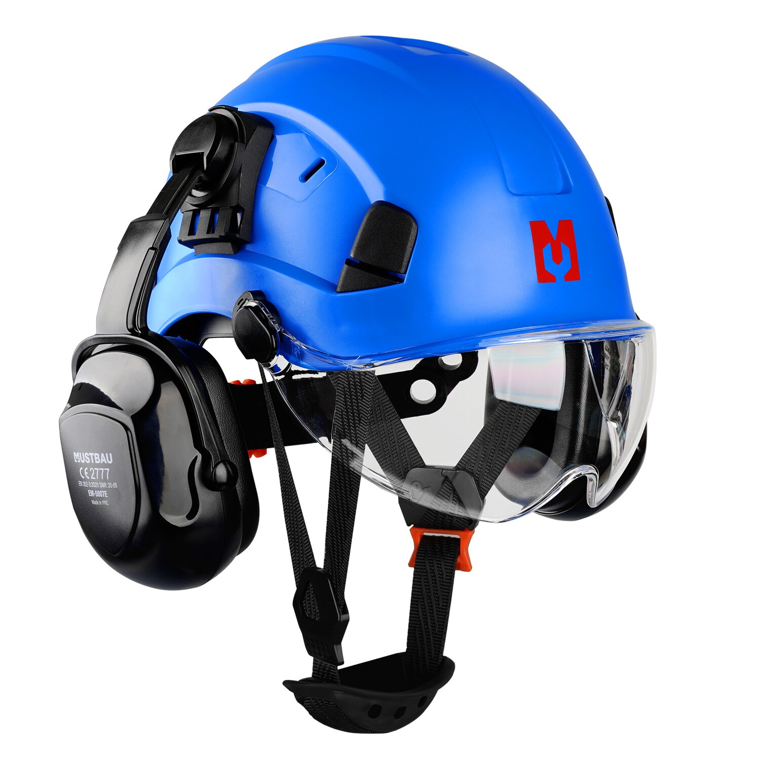 Mustbau Sicherheitshelm-Set, EN397 Schutzhelm mit Ohr- und Gesichtsschutz, verstellbares Kopfband von 53 bis 63 cm, strapazierfähiges ABS-Material