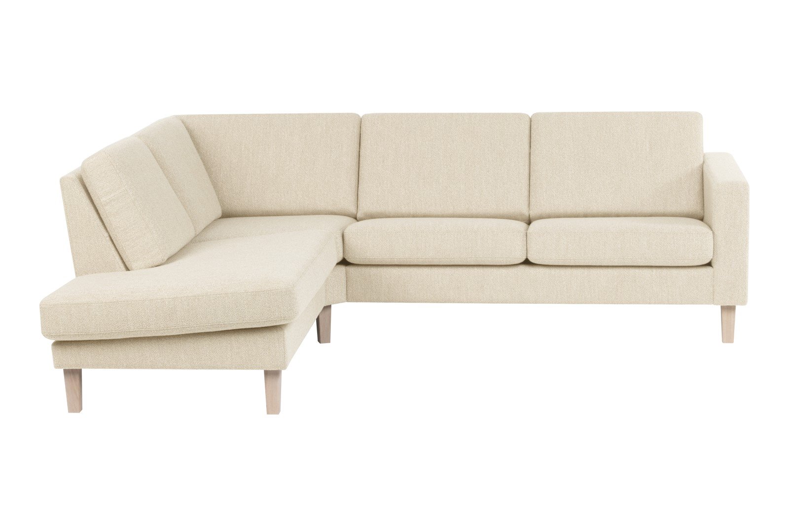 Slogen hjørnesofa Oppsett AV. 2,5-seter med åpen ende venstre. Tekstil Viva Marble med standard ryggpute. Vange B og hvitpigmentert ben 178.