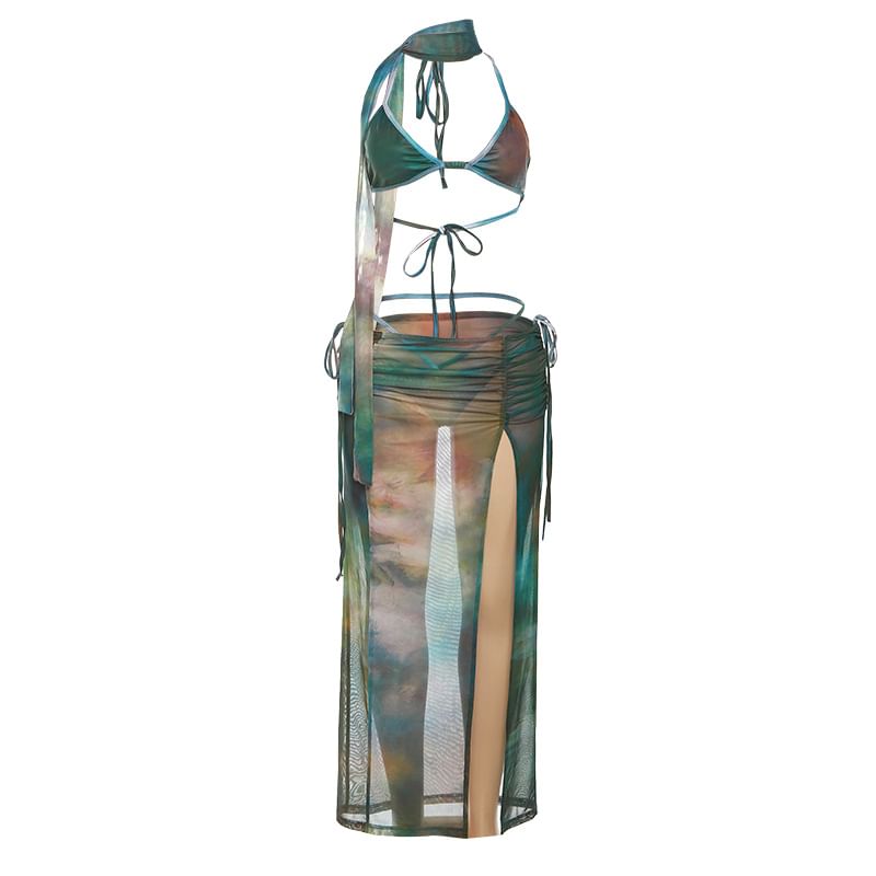 Emilyn - Set: Halter Tie Dye Bikinitop + Strikbroekje aan de zijkant + Gerimpelde Splitrok