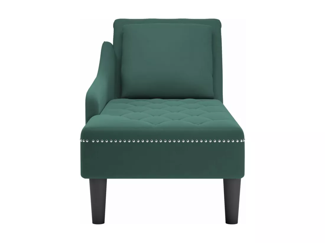 Fauteuil long et coussin et accoudoir droit vert foncé velours