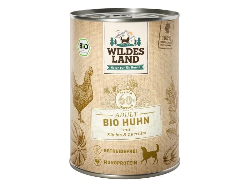 Wildes Land Nassfutter Huhn mit Kürbis & Zucchini 400 g Alleinfutter aus Hühnerfleisch mit Kürbis & Zucchini