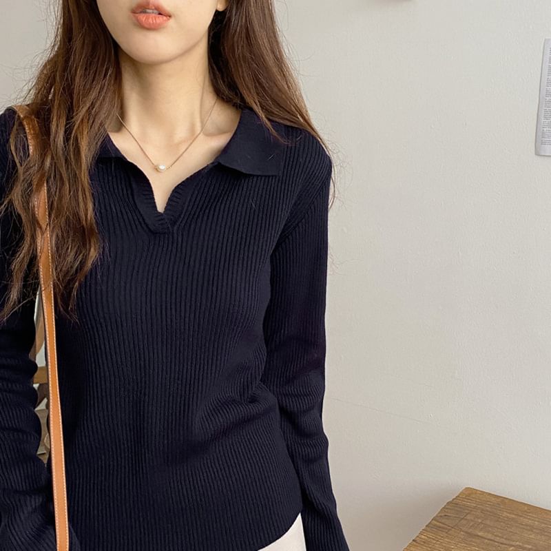 ANORA - Poloshirt met lange mouwen en open knoopsluiting, effen geribbeld breisel