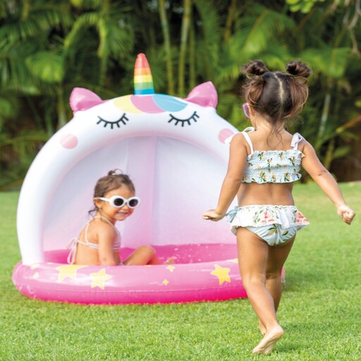 Piscina inflável Intex Cat Unicorn com piso acolchoado e cobertura Ø102