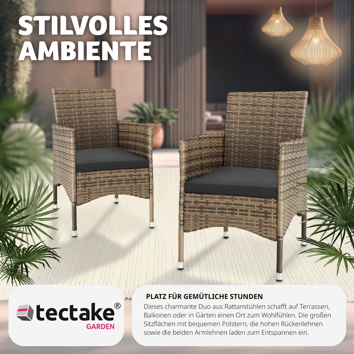 Set van 2 rotan stoelen tectake Nantes, duurzaam, 59 x 57 x 85 cm