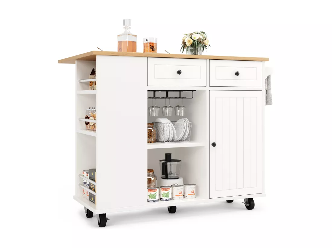 Ilot central de cuisine - chariot à roulette avec plateau extensible - 2 tiroirs et 1 portes - Blanc
