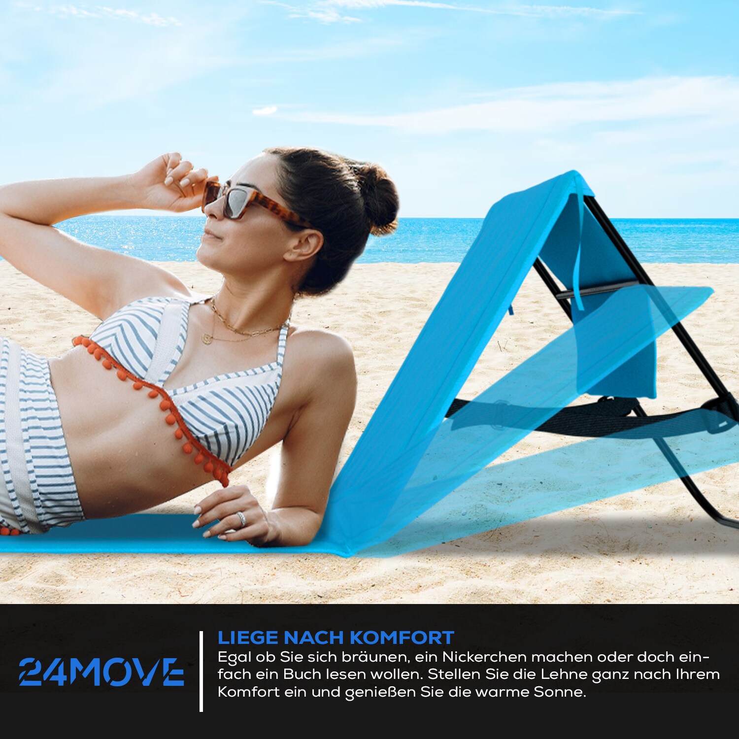 24MOVE® Strandmatte 2er Set klappbar mit Rückenlehne, Strandliege mit Gurt, tragbar für Strand und Garten, Liegematte blau