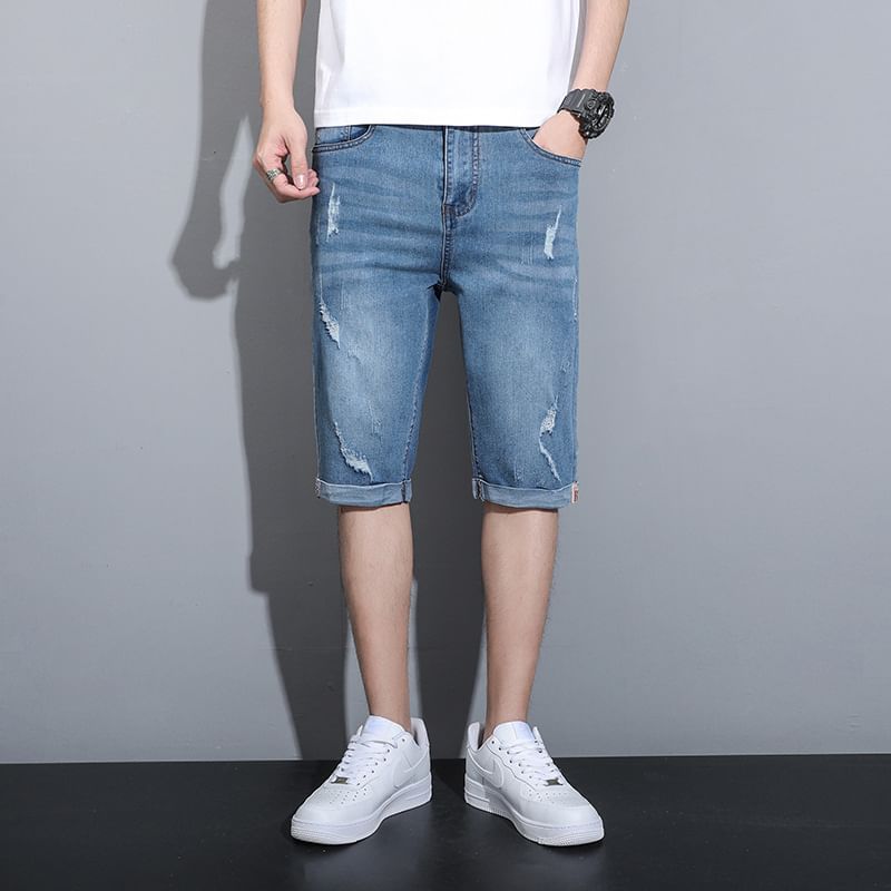 Lefitt - Mid Rise Washed Denim Shorts