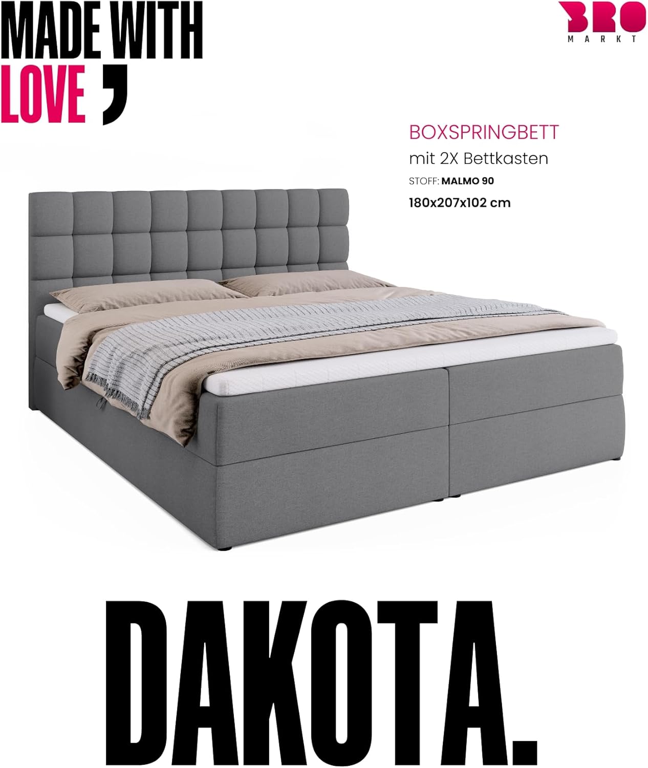 BROMARKT Boxspringbett mit Bettkasten Polsterbett mit Bonell-Matratze und Topper Bett für Schlafzimmer gepolstertes Kopfteil Dakota bonellfedern 180x200 Härtegrad H3 Grau Malmo