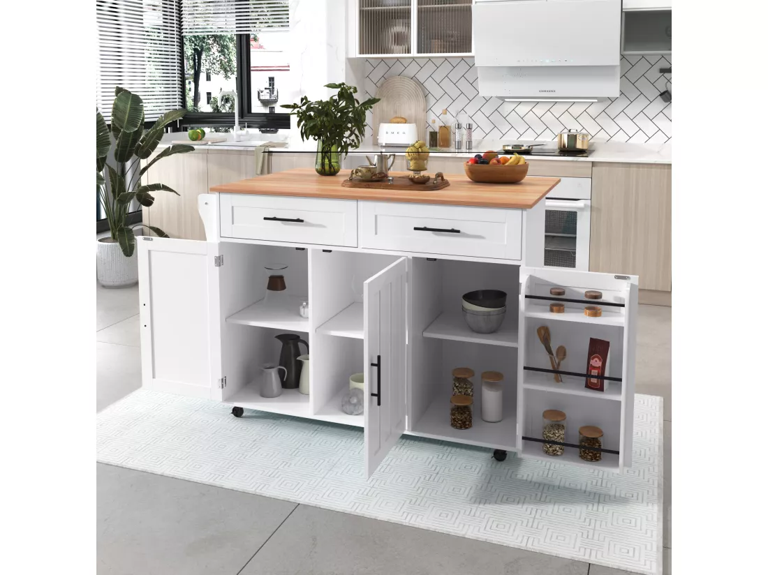 Ilot central de cuisine mobile avec 3 portes et 2 tiroirs - plateau extensible - 129x46/71x91,5 cm - Bois MDF + métal - Blanc + naturel
