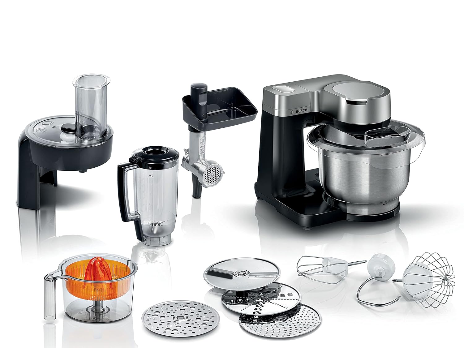 Bosch Küchenmaschine 7 in 1 MUMS2VM40G 7 Geschwindigkeiten, Knethaken, Schneebesen, Handrührer, Mixer, Zitruspresse, Zerkleinerer, 900 W, Schwarz