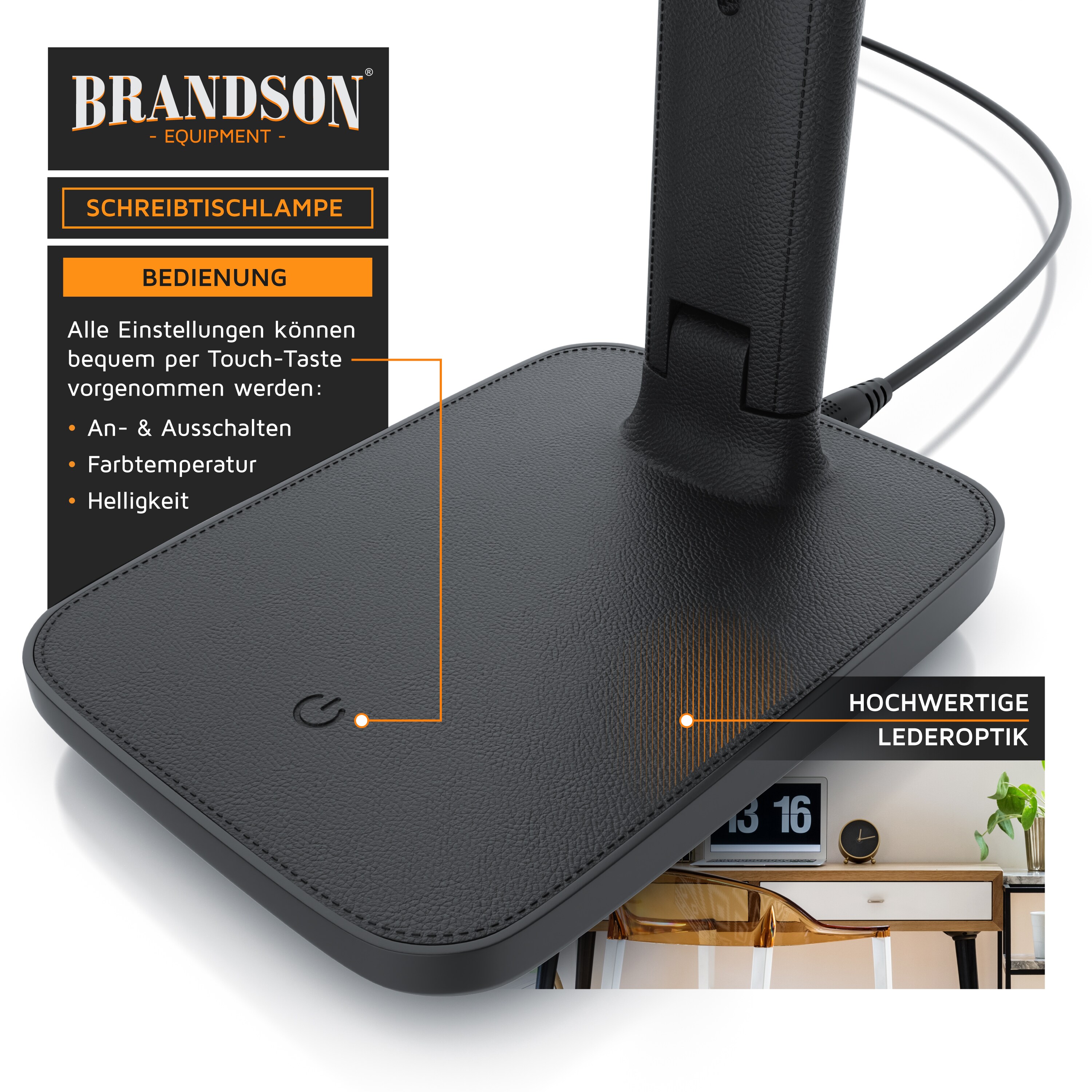 Brandson LED Schreibtischlampe mit 3 Helligkeitsstufen, Leder-Design, 42 LEDs dimmbar, 3 Farbtemperaturen, Sensor Touch, mit Netzteil, Schwarz
