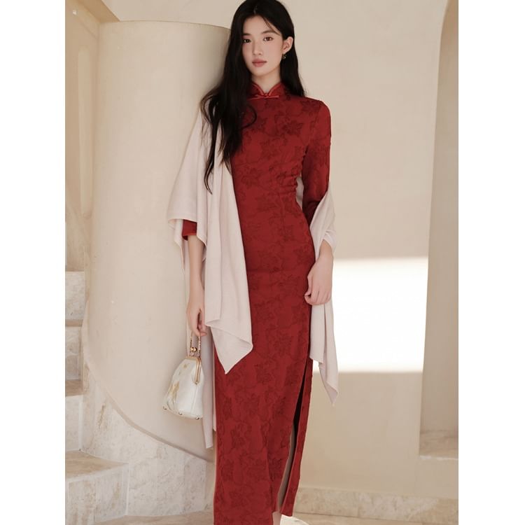 Nebbia - Traditionele Chinese 3/4-mouw staande kraag bloemen jacquard kikker knoop split maxi mantel qipao / effen sjaal / set