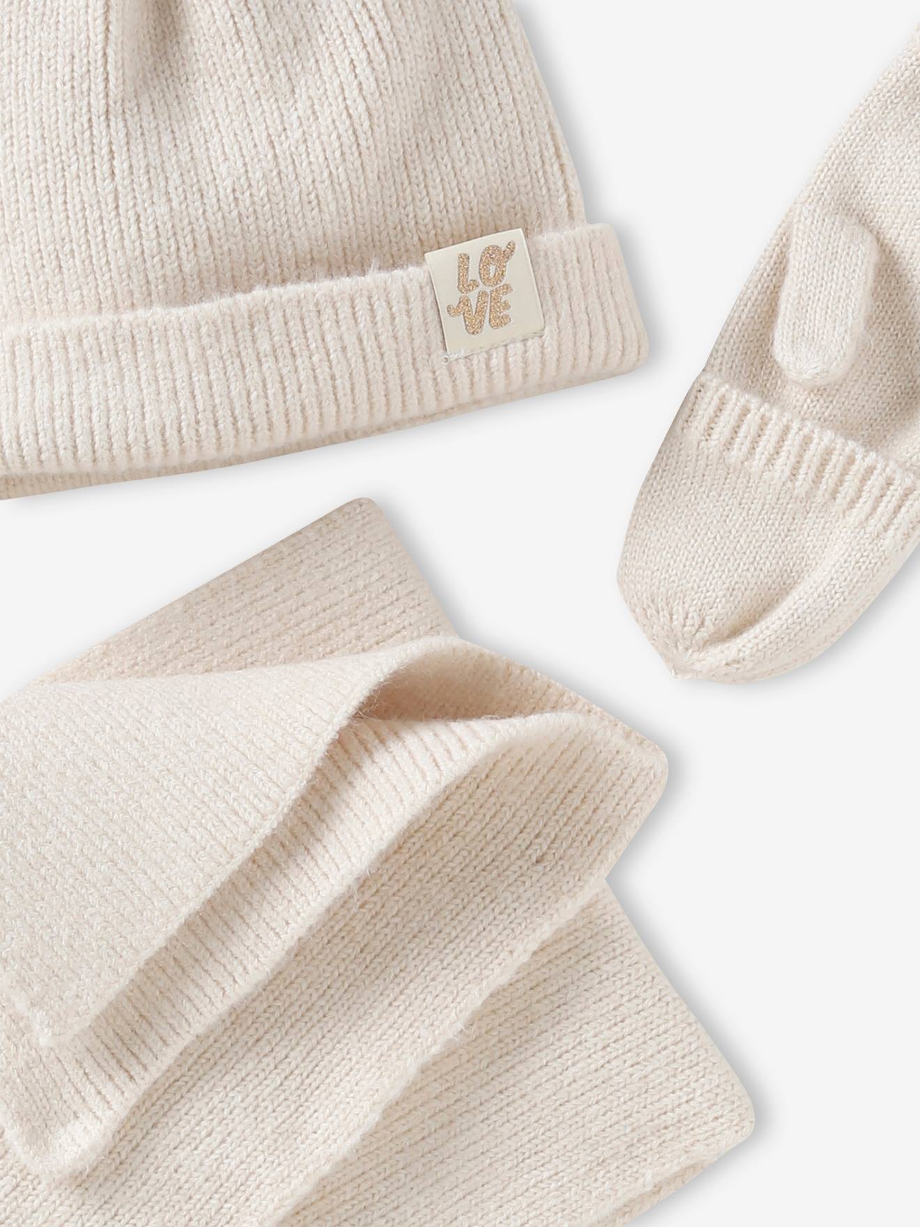 Conjunto infantil de malha canelada: gorro + cachecol + luvas/mitenes na cor rosa antigo