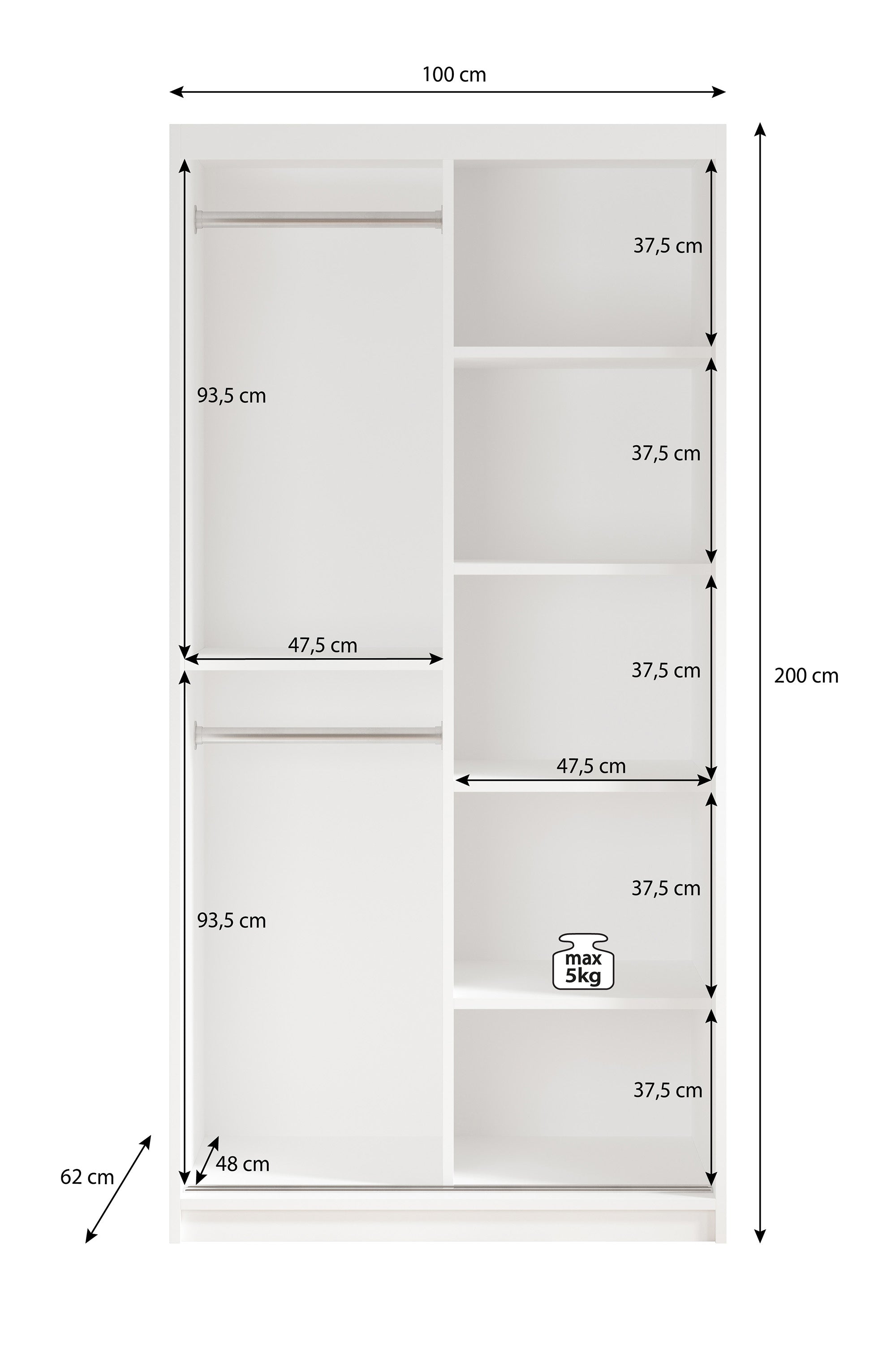 Mandalin - Kledingkast met schuifdeuren - Zwart - 100x62x200 cm
