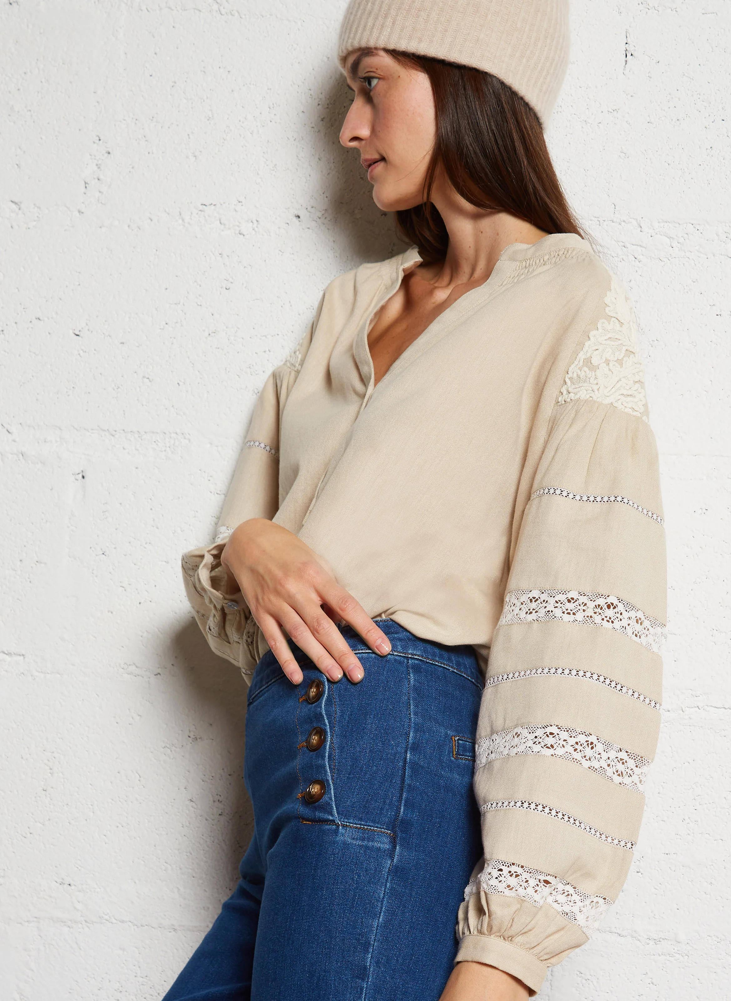 DEOTILLE - Blouse ample col tunisien en coton | Beige
