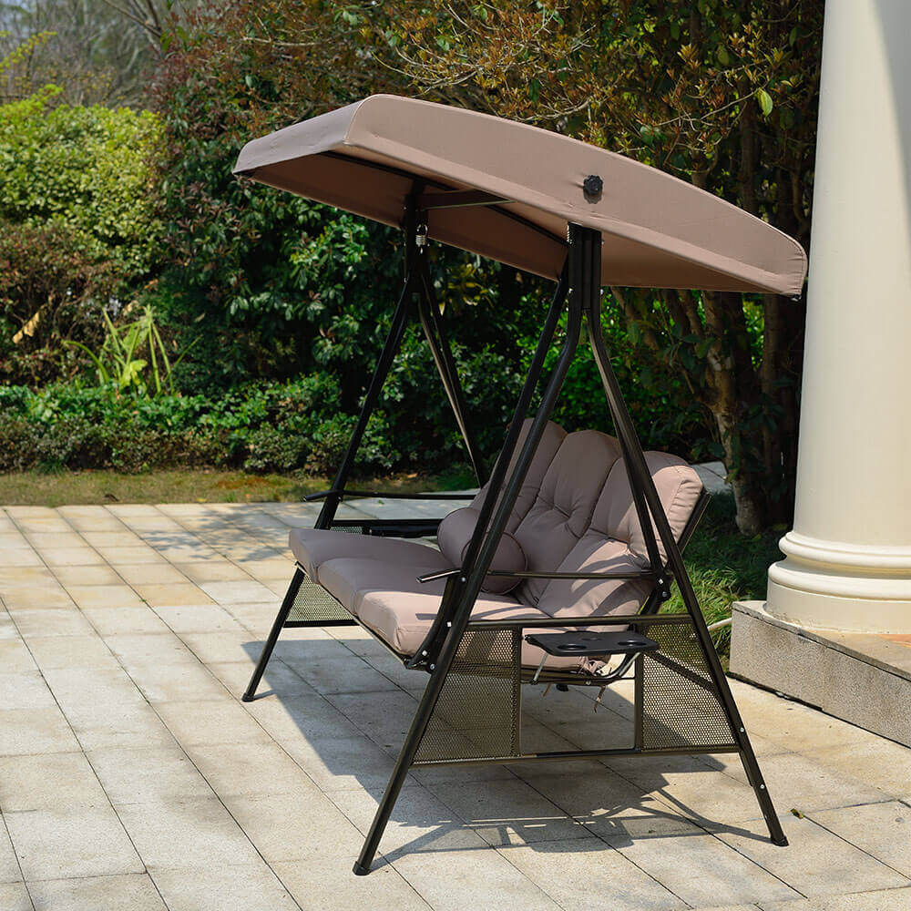 Home Deluxe - Descanso Beige Hollywood Schommelstoel met Hoes - 3-Zits, B/H/L 115cm x 195cm x 198cm, incl. Bekerhouder, Zit- en Rugkussens | Tuinligstoel, Tuinlounge, Schommelstoel