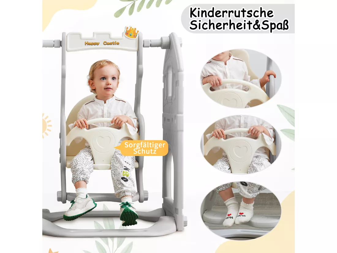 Ensemble de toboggan 5 en 1 pour enfants - 179 x 184 x 103cm - en HDPE - avec balançoire et espace de rangement - Gris