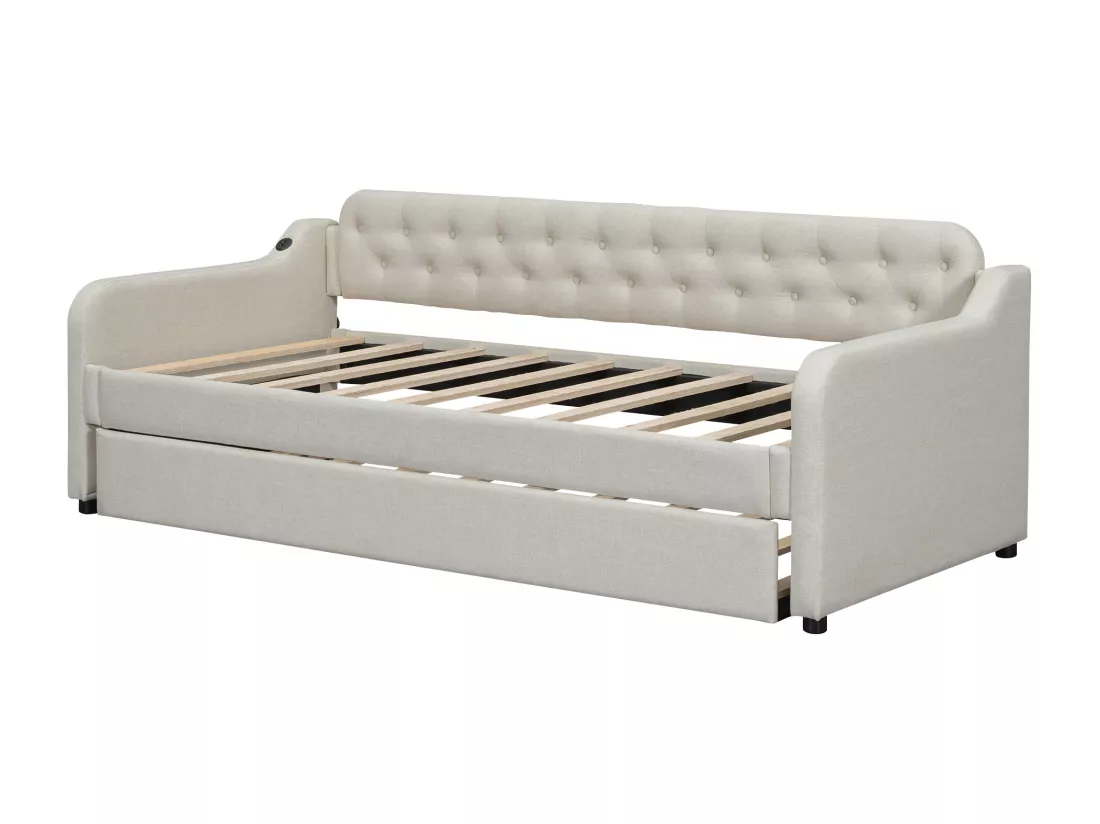 Lit gigogne 90/180x200cm, canapé lit extensible, méridienne avec port USB, sans matelas, beige
