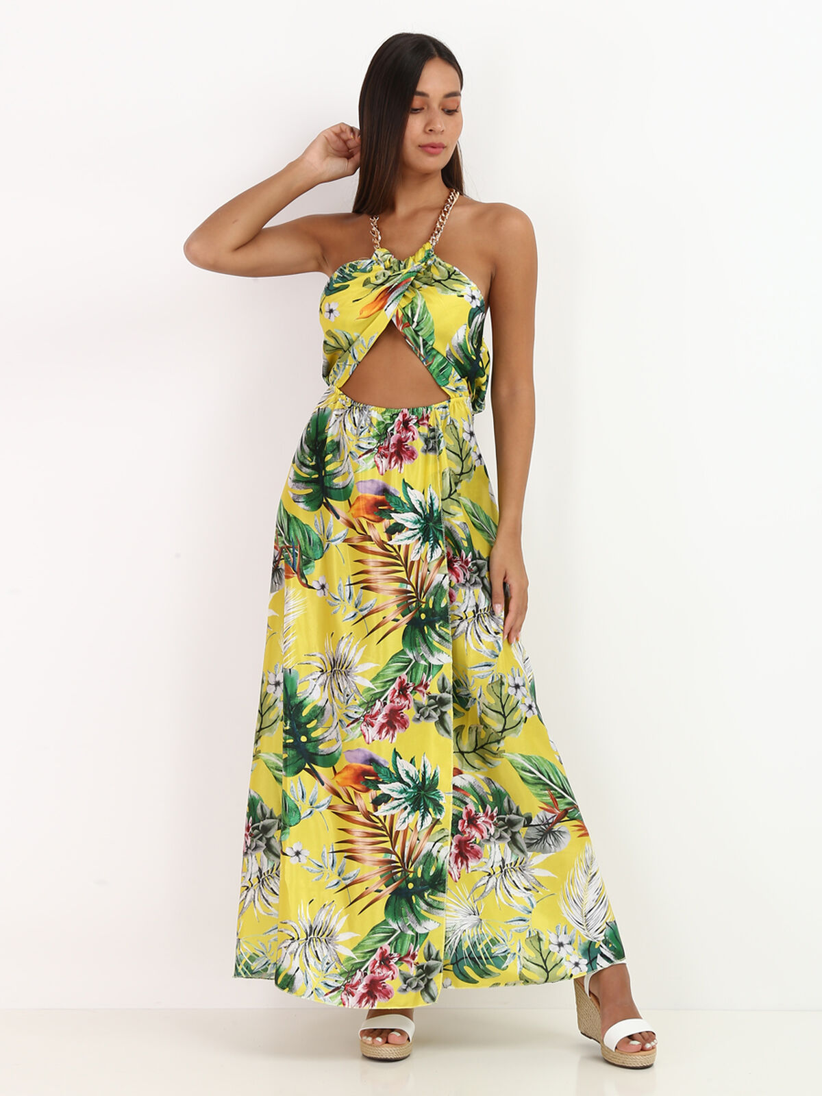 Robe ajourée à chaîne et imprimé tropical- Jaune