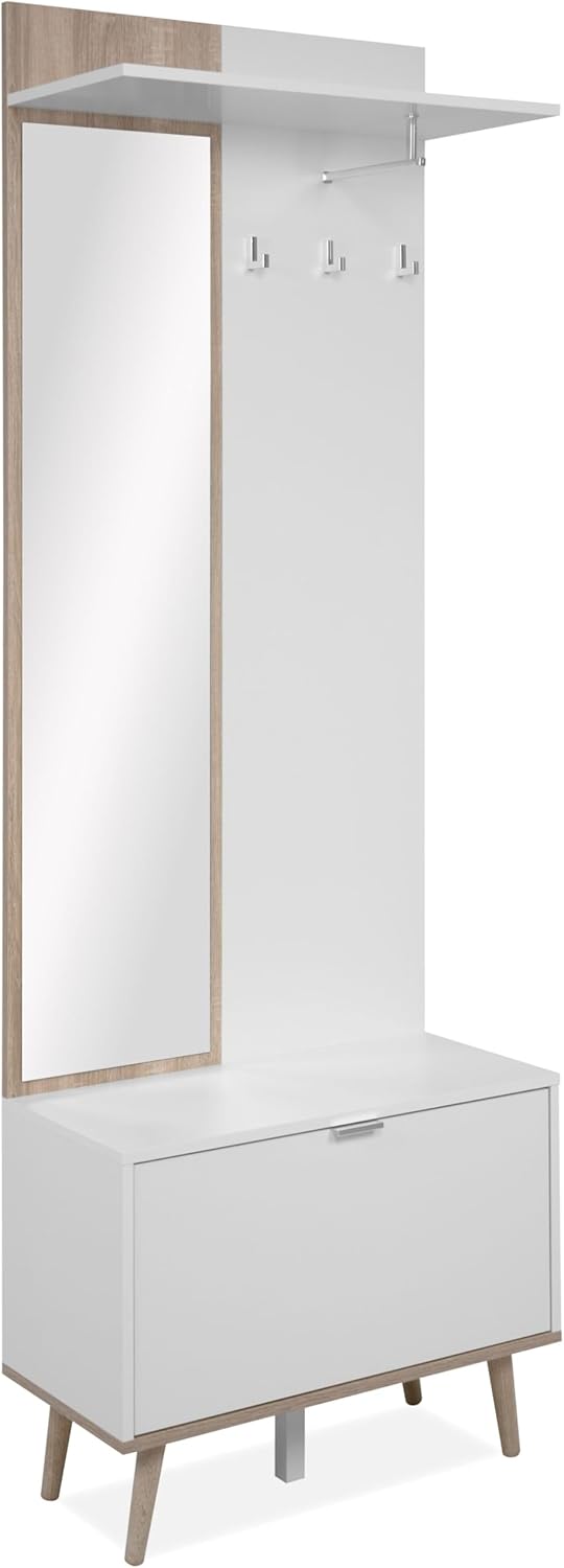 Göteborg 42A Kompaktgarderobe, mit Hutablage, Spiegel und Kleiderstange in weiß/Dekor Sonoma Eiche Maß: B x H x T ca. 70 x 200 x 32 cm