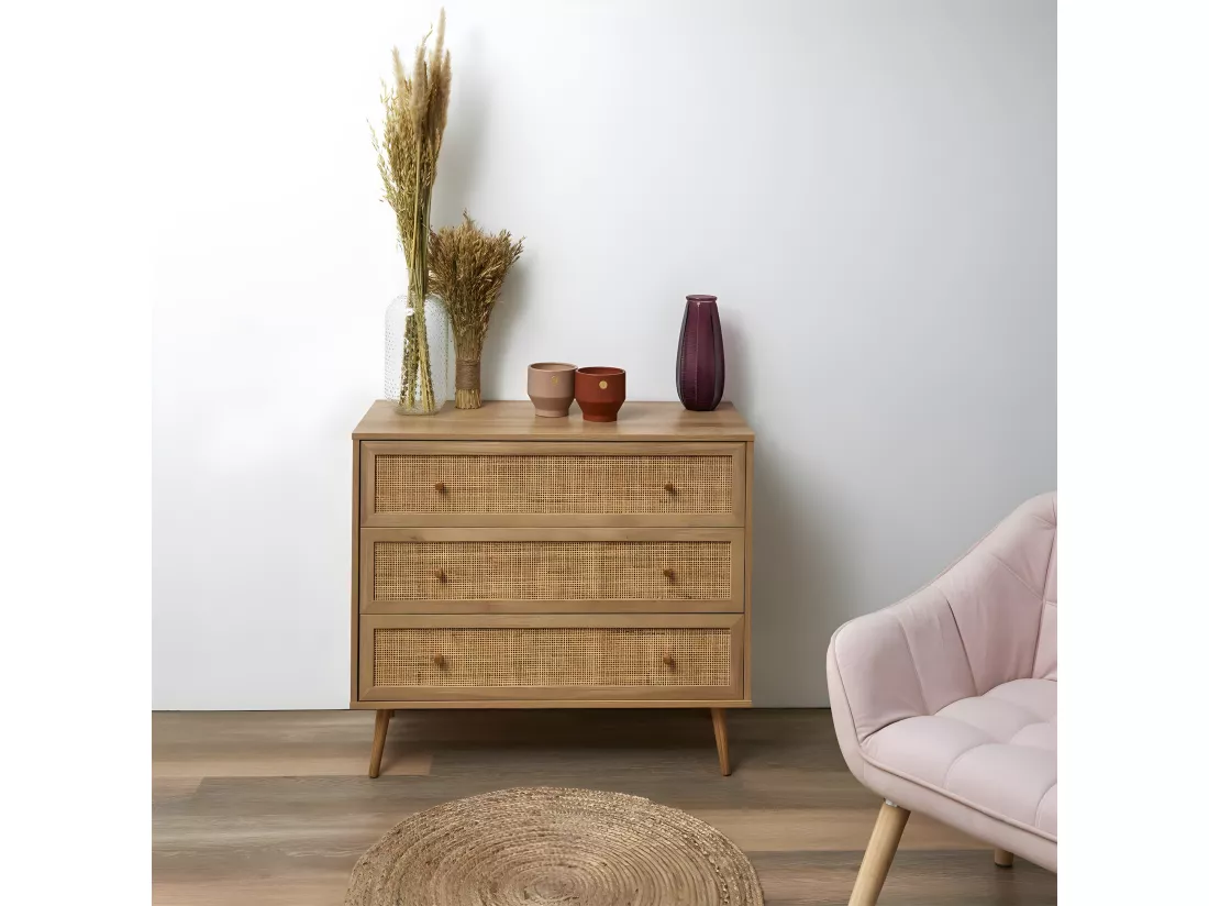 MAYA - Commode 3 Tiroirs Effet Bois et Façades Rotin