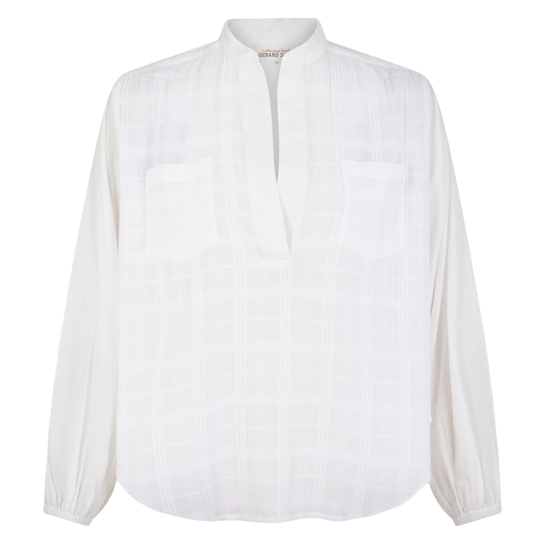 BASILIA - Chemise droite col tunisien en coton à carreaux | Blanc