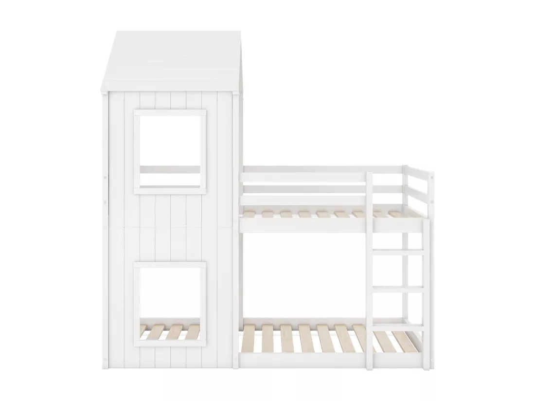 Lits Superposés Enfant 90*200 cm - Lit Maison Avec Échelle et Baldaquin - Du Sol Au Plafond - Bois Massif - Blanc