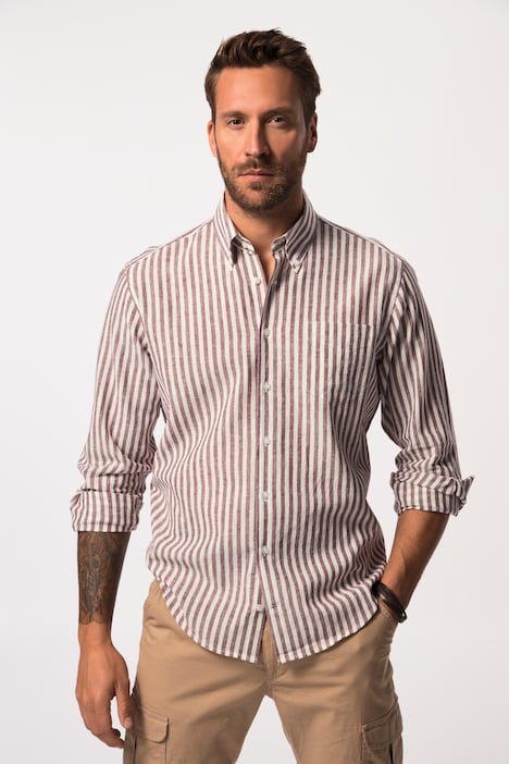 Leinenmix-Streifenhemd, Langarm, Buttondown-Kragen, Modern Fit, bis 8 XL
