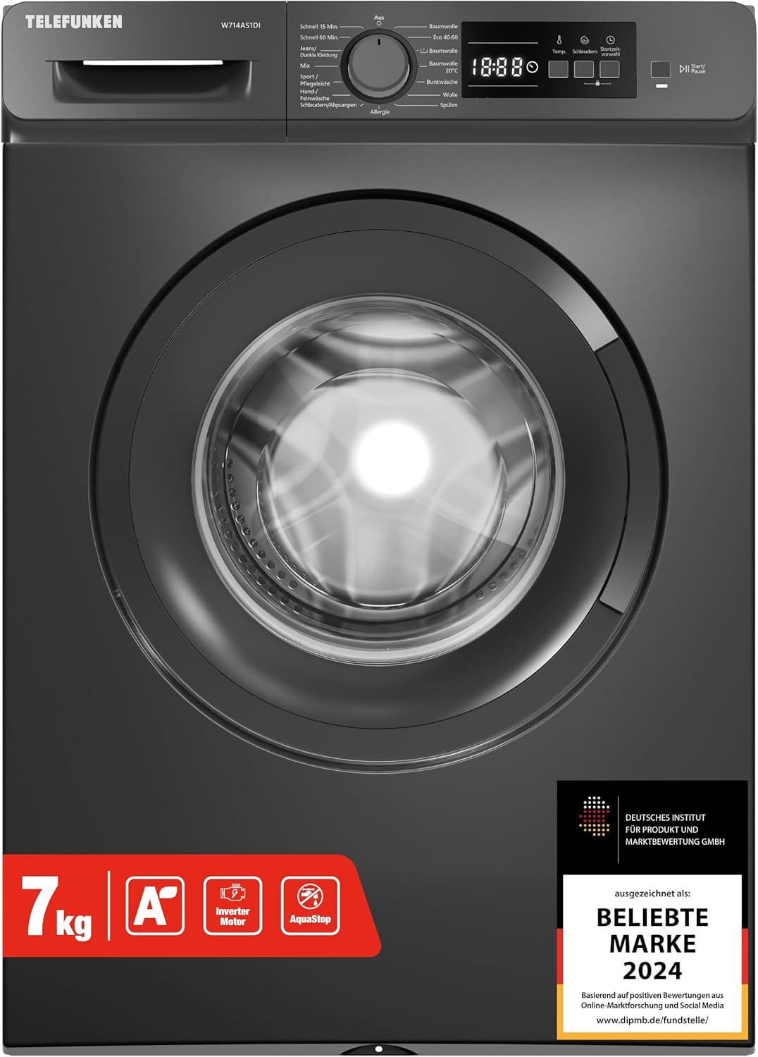 Telefunken Waschmaschine 7kg | Frontlader 1400 U/Min. | Energieklasse A | Inverter Motor | AquaStop | Schontrommel | 15 Programme | Startzeitvorwahl | Kindersicherung | W714AS1DI dark inox