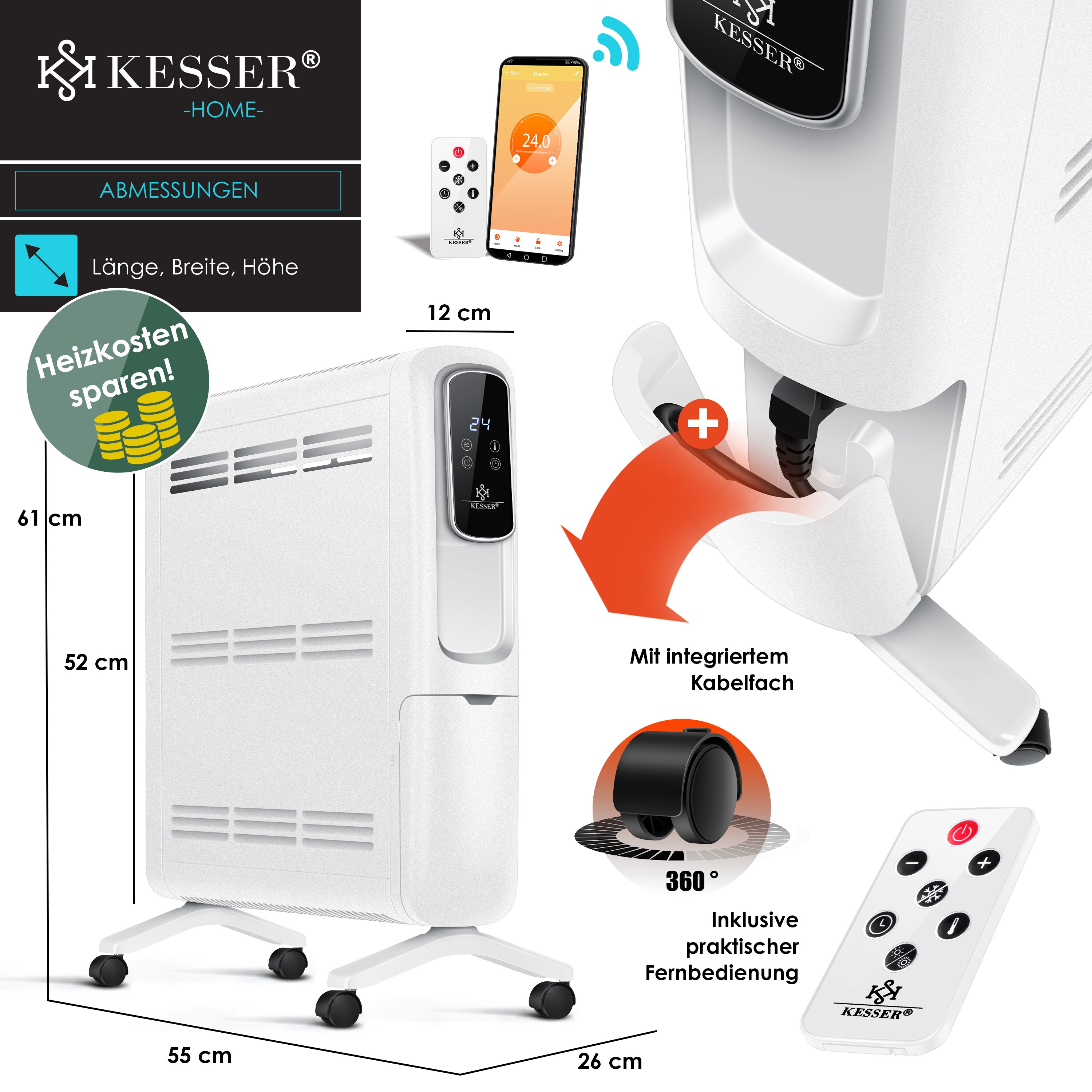KESSER® Konvektor Elektrische Heizung ECO 2500W Heizkörper Elektroheizung Standheizung energiesparend Display WiFi App & Fernbedienung Touchscreen - Mobil Radiator 24h Timer Thermostat