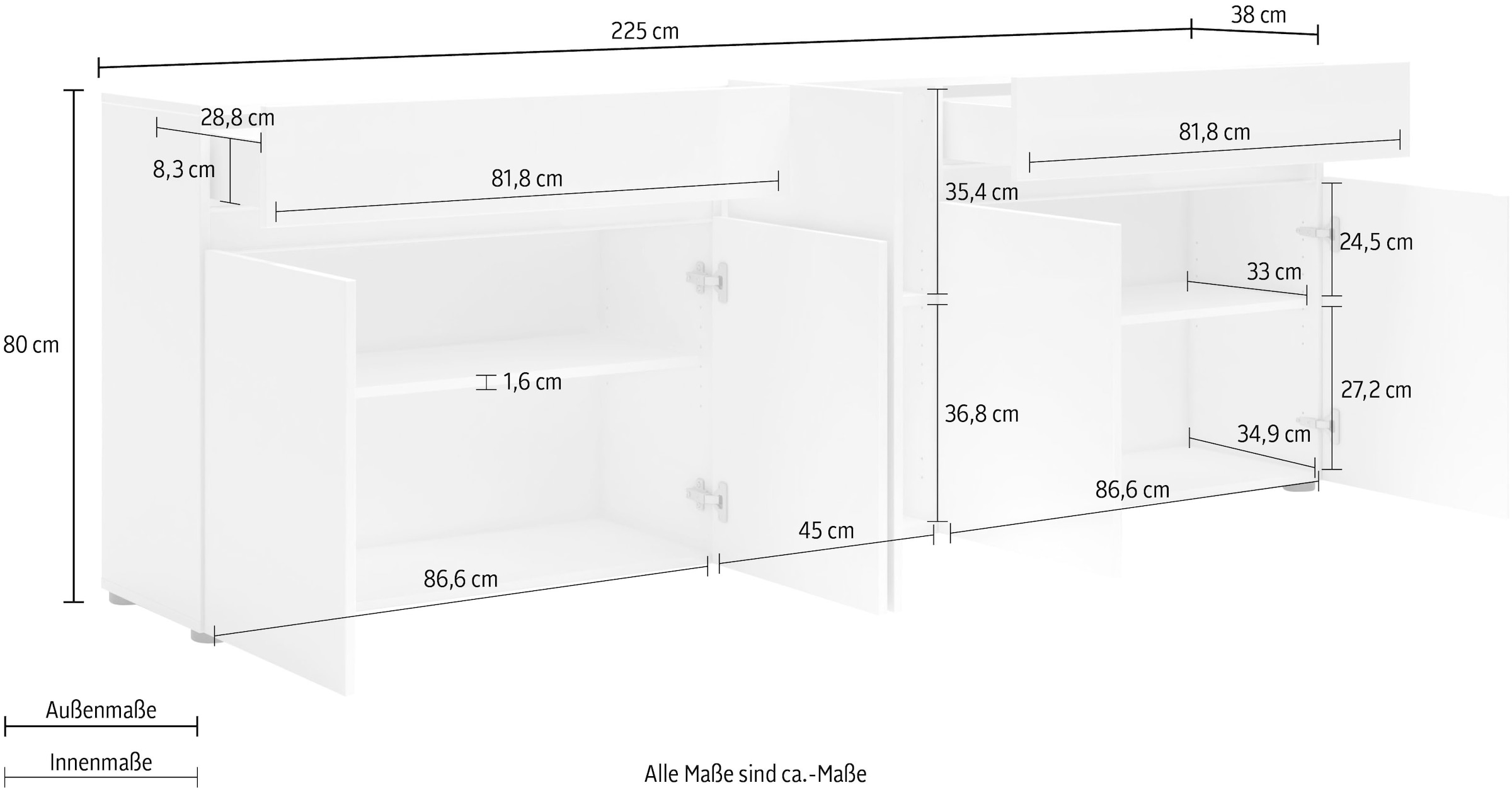 INOSIGN Sideboard »Mister« Kommode, komplett Hochglanz lackiert, (B/H): 225/80 cm