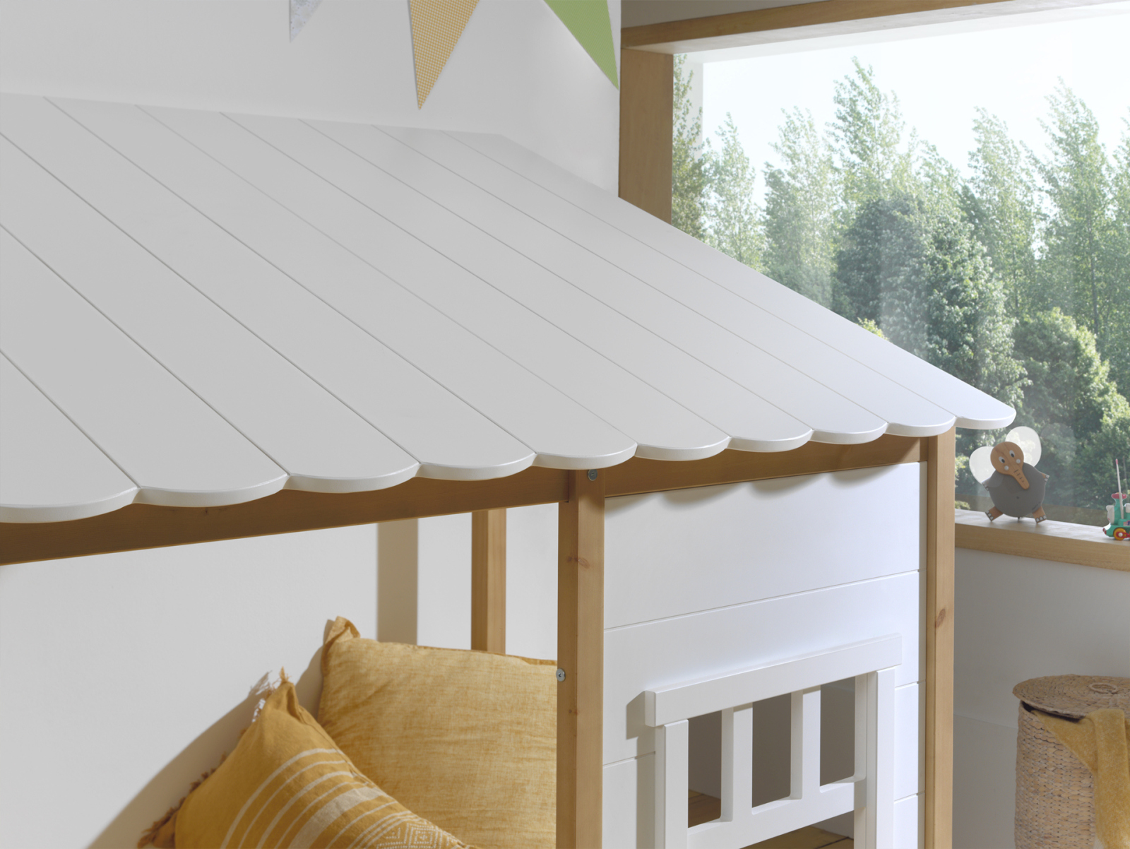 Landhausbett mit Dach - weiß-eichefarben - 90x200 cm