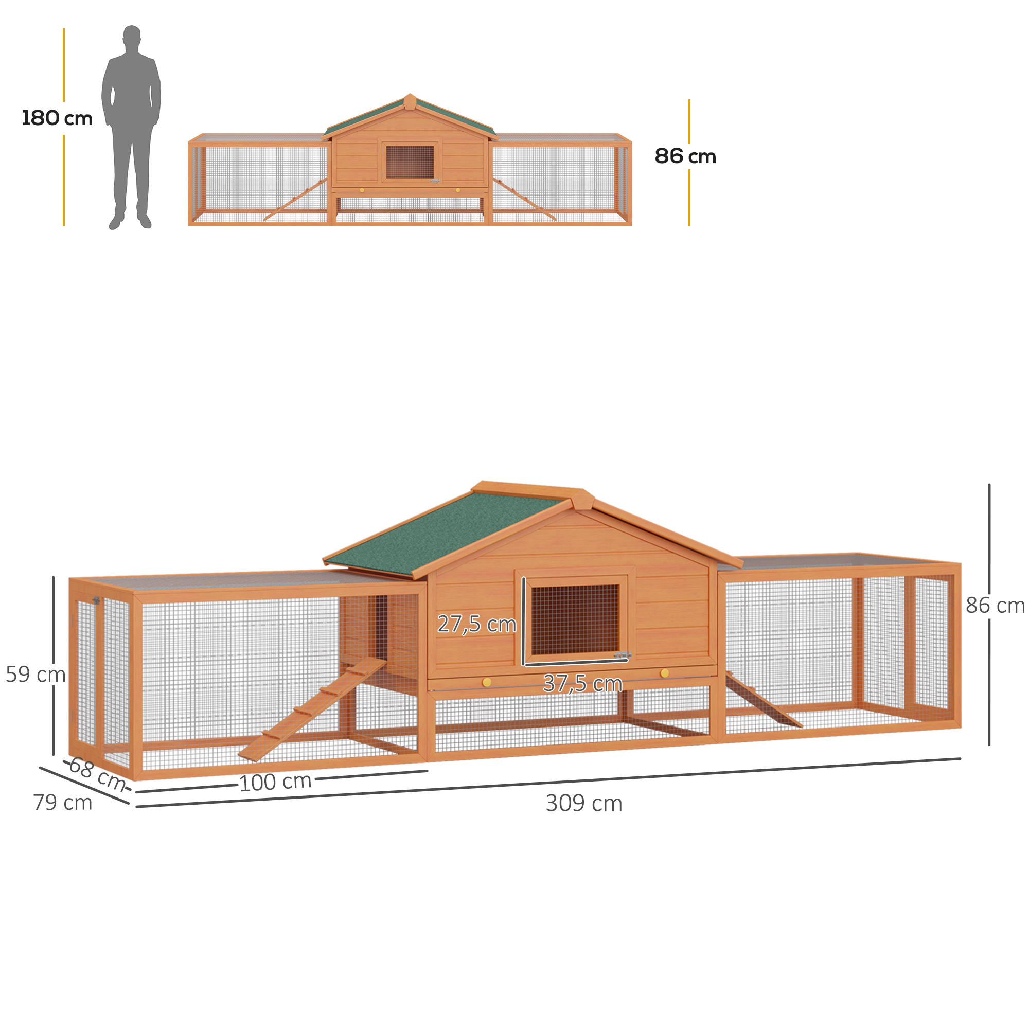 Gaiola de madeira PawHut para coelhos, 309 x 79 x 86 cm, grande, para uso externo, comporta de 2 a 4 coelhos, com 2 compartimentos, bandeja removível, telhado de asfalto, 2 rampas, cor natural.