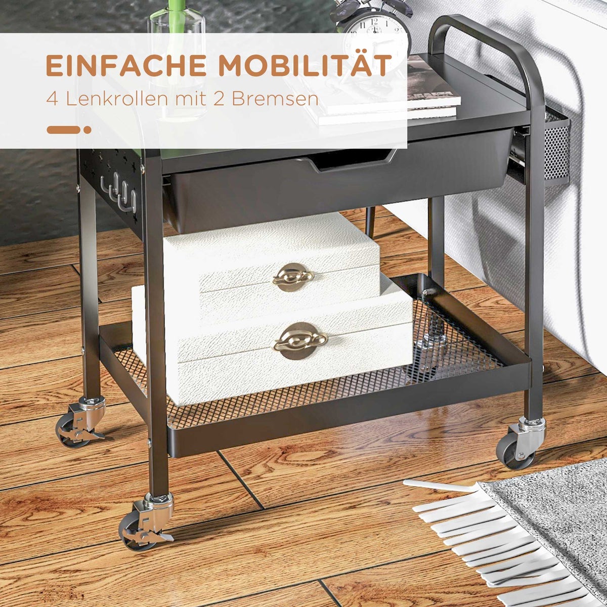 HOMCOM Serveerwagen, Rolwagen met 1 Lade, 1 Plank, Opbergwagen, Bijzettafel met Haken, Keukenwagen voor Keuken, Woonkamer, Staal, Zwart