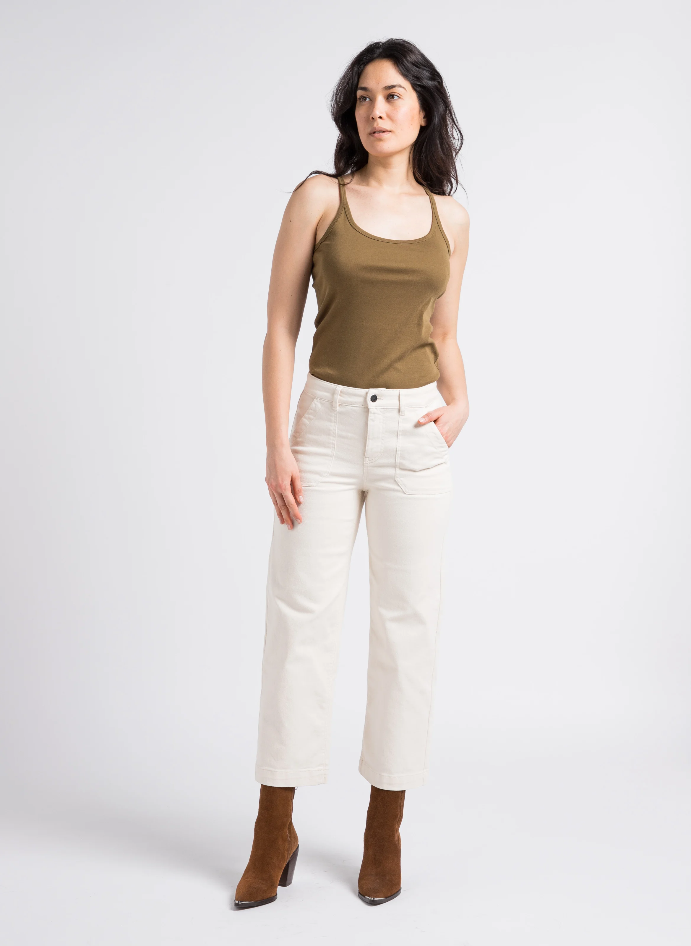 SELYNA - Jean droit taille haute en coton mélangé | Beige