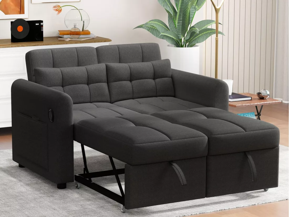 Canapé 3 en 1 - Canapé 2 places - Dossier réglable - Avec port USB - Poches d'accoudoirs + Coussins - Gris