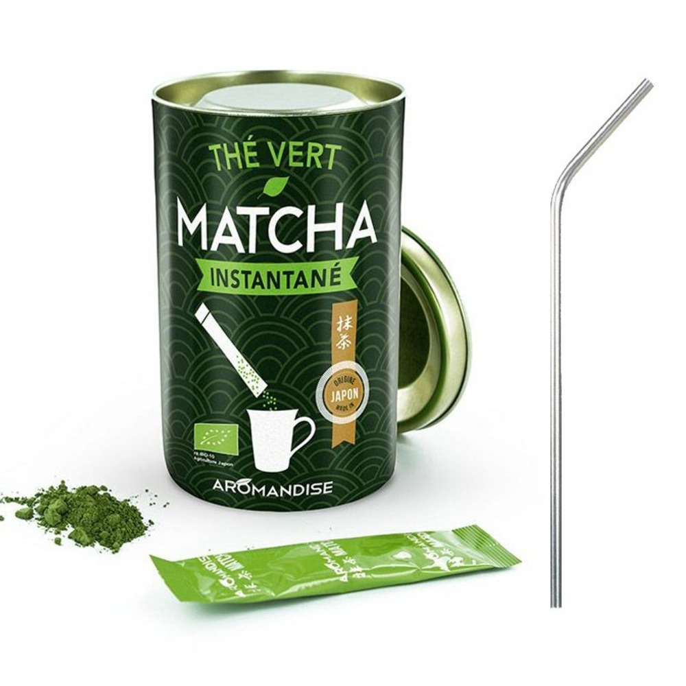 Thé vert matcha instantané en sticks + 4 pailles en inox
