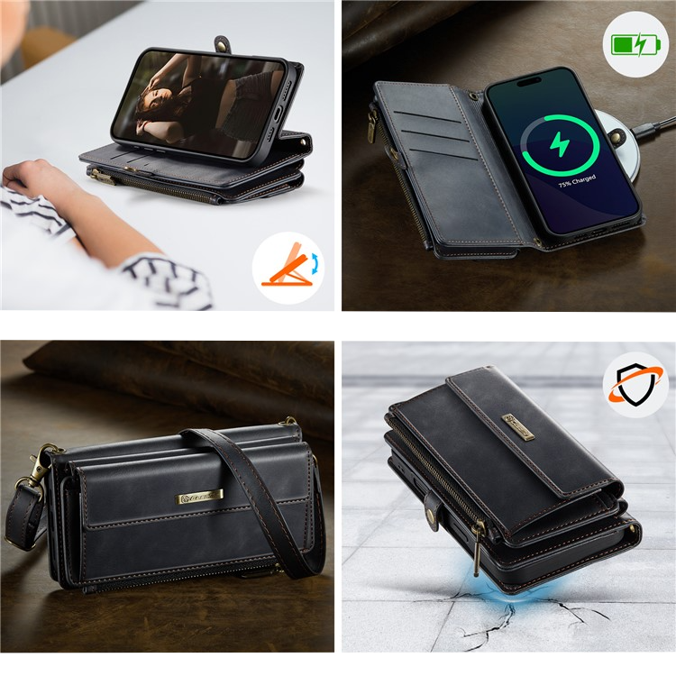 iPhone 13 Pro Necklace Leder Tasche Flip Wallet Etui mit Kartenfächern (RFID Schutz) - Schwarz